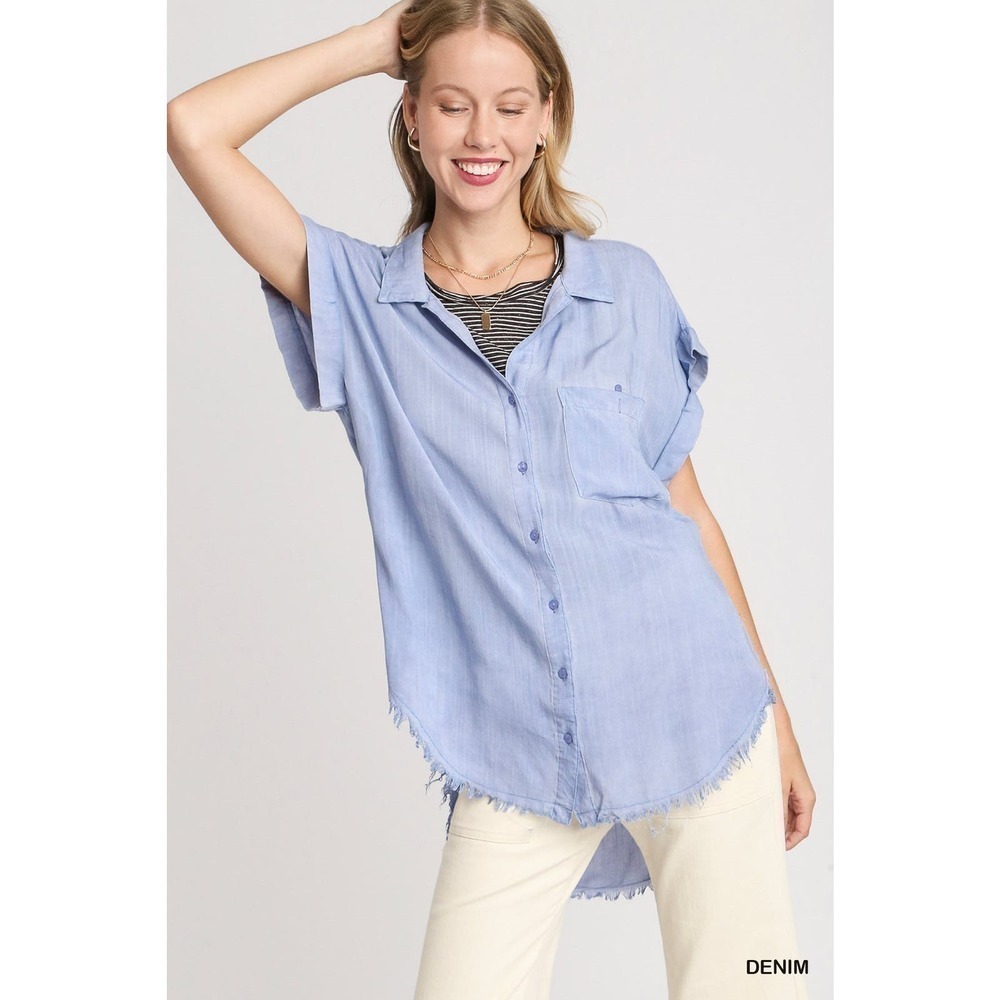 V-Neck Button Down Top with Frayed Hem - Denim